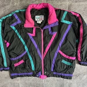 Women's Vintage 90s East West Black Neon Pink Purple Teal Puffer Ski Jacket Sz L